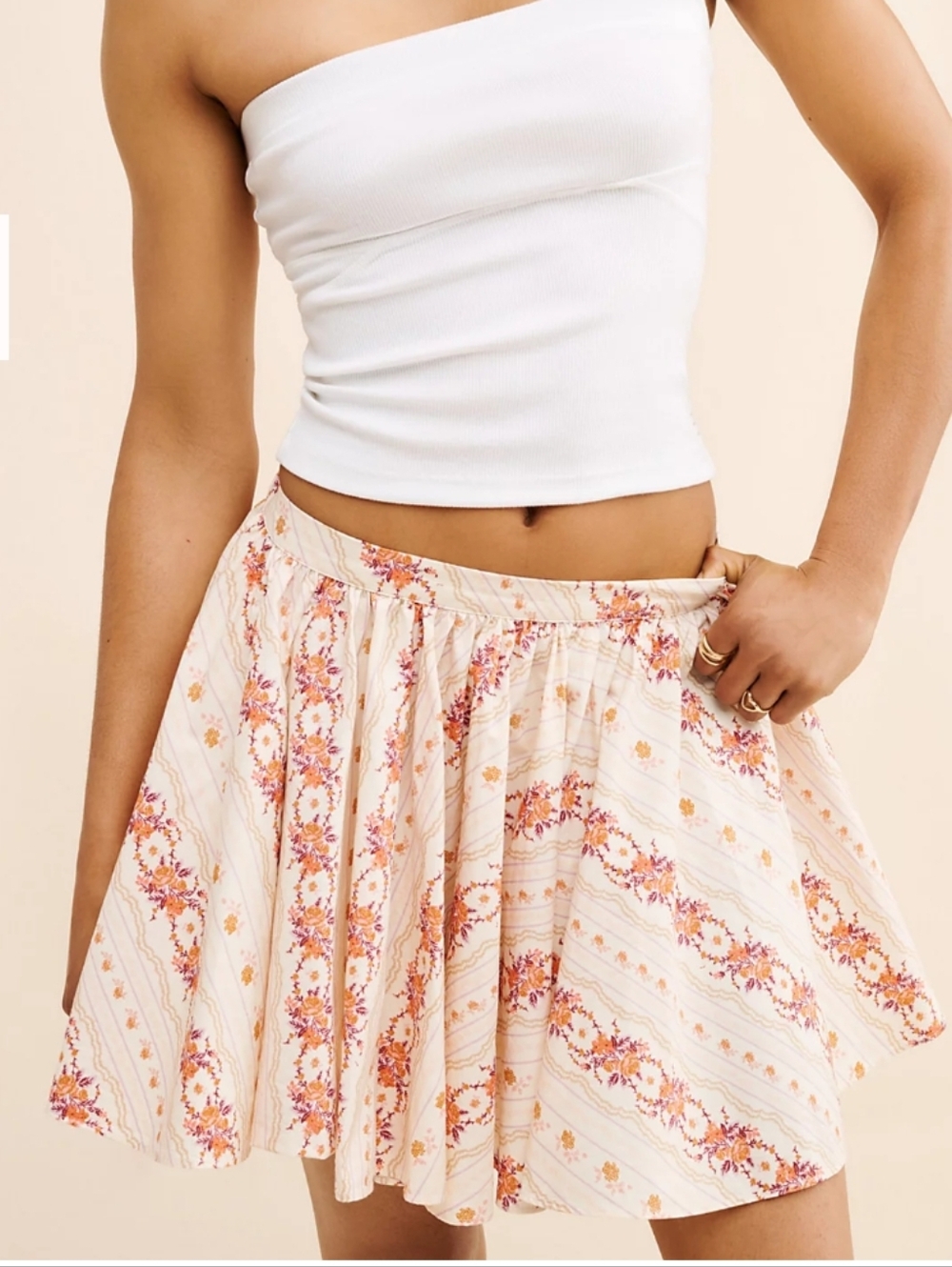 Free‎ People Gaia Ivory Skirt with Orange Floral Stripe Print Size Small New